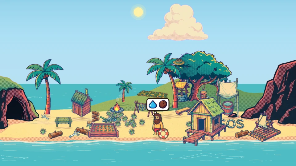 A scene from Johnny Castaway: Reborn’s illustrated island